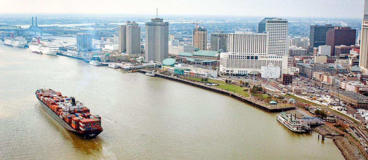 Aerial view of Mississippi River and downtown New Orleans
