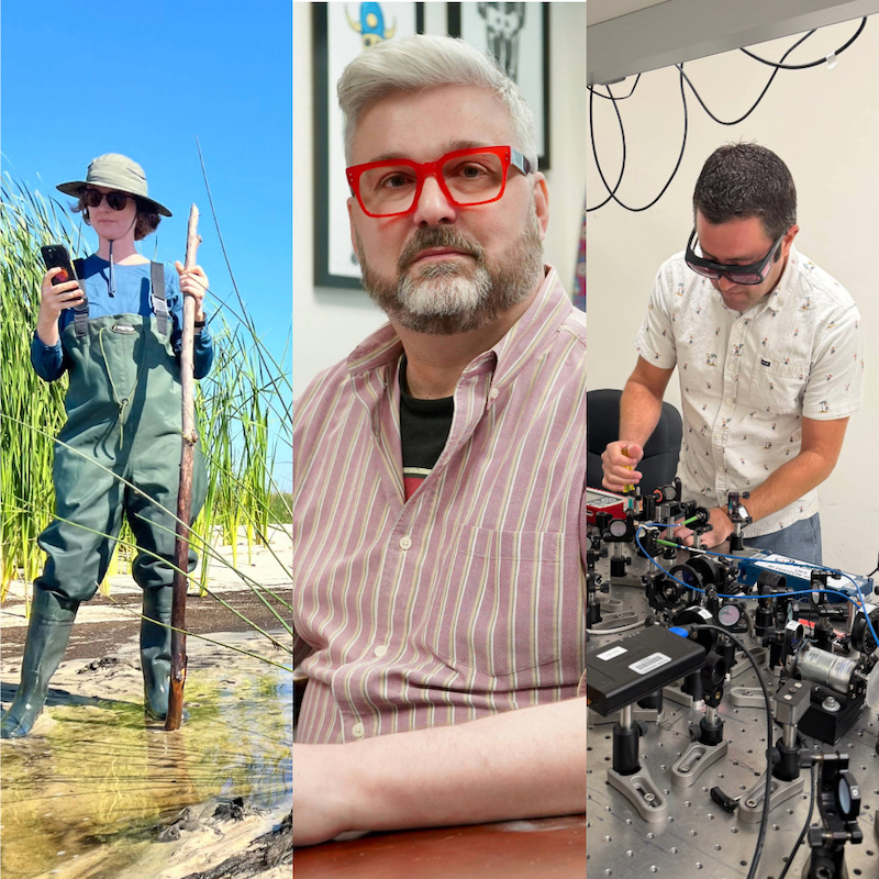 Three researchers in distinct environments: one in water, one in an office, one in a lab.