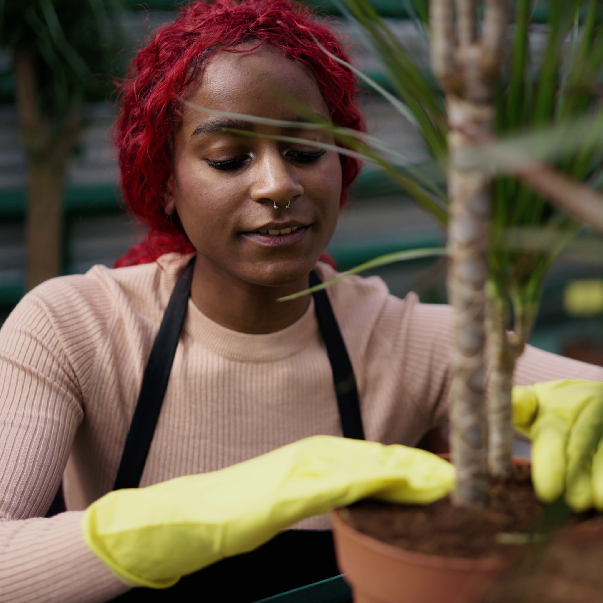 Person with bright red hair wearing yellow gloves tending to a potted plant.