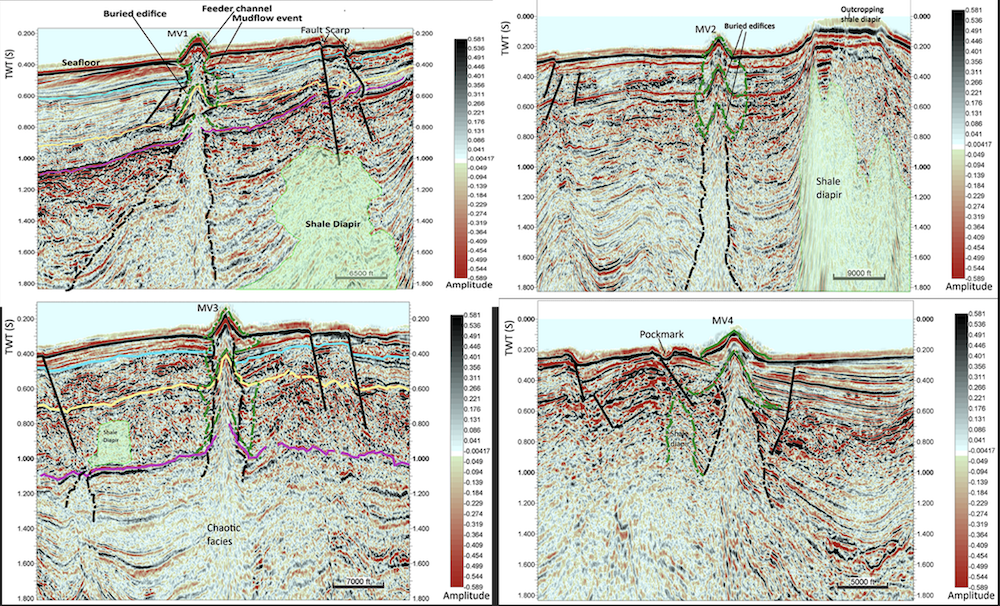 Four seismic cross-sections showing geological structures.
