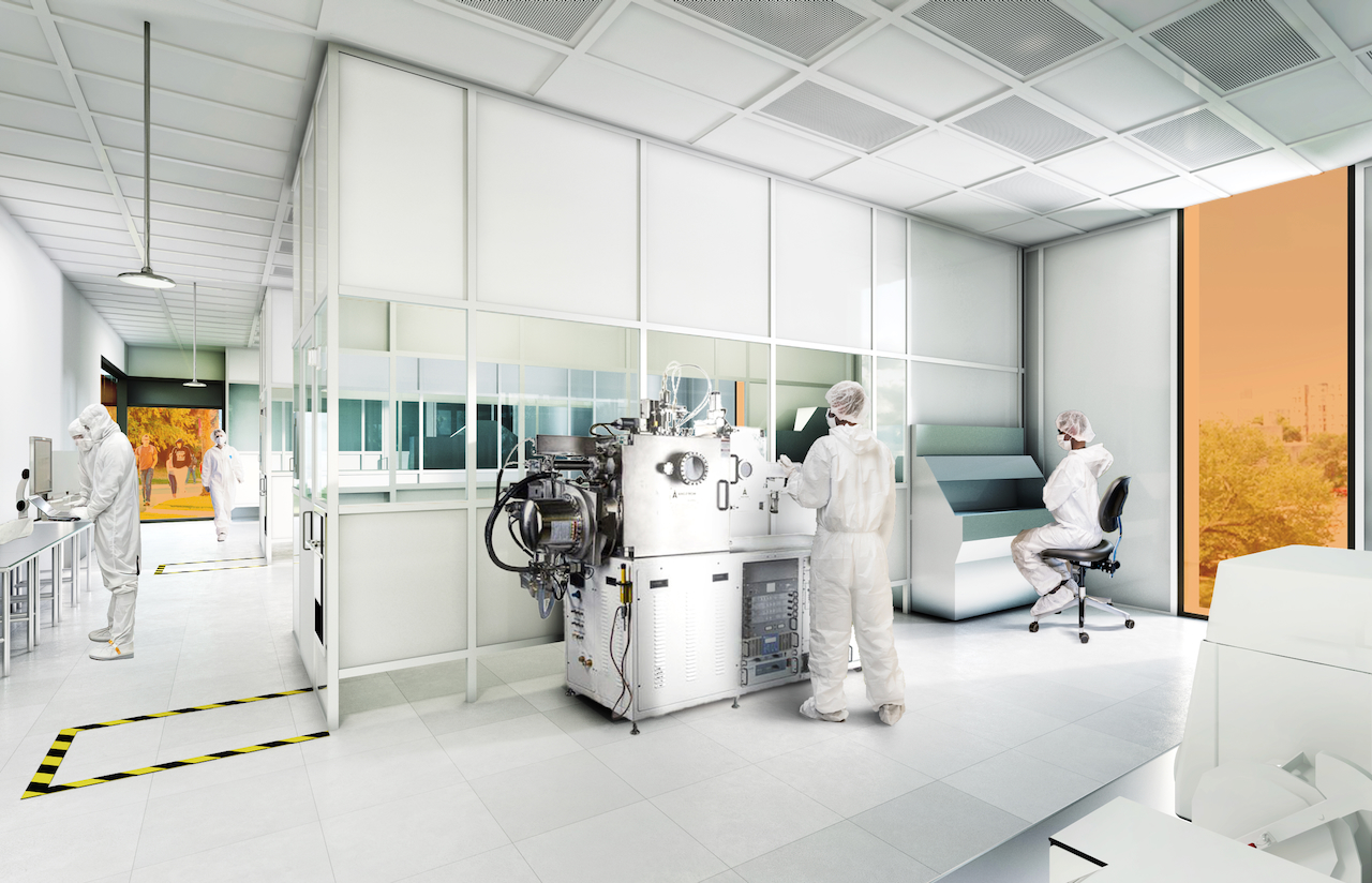 Cleanroom with scientists in hazmat suits working with specialized equipment.