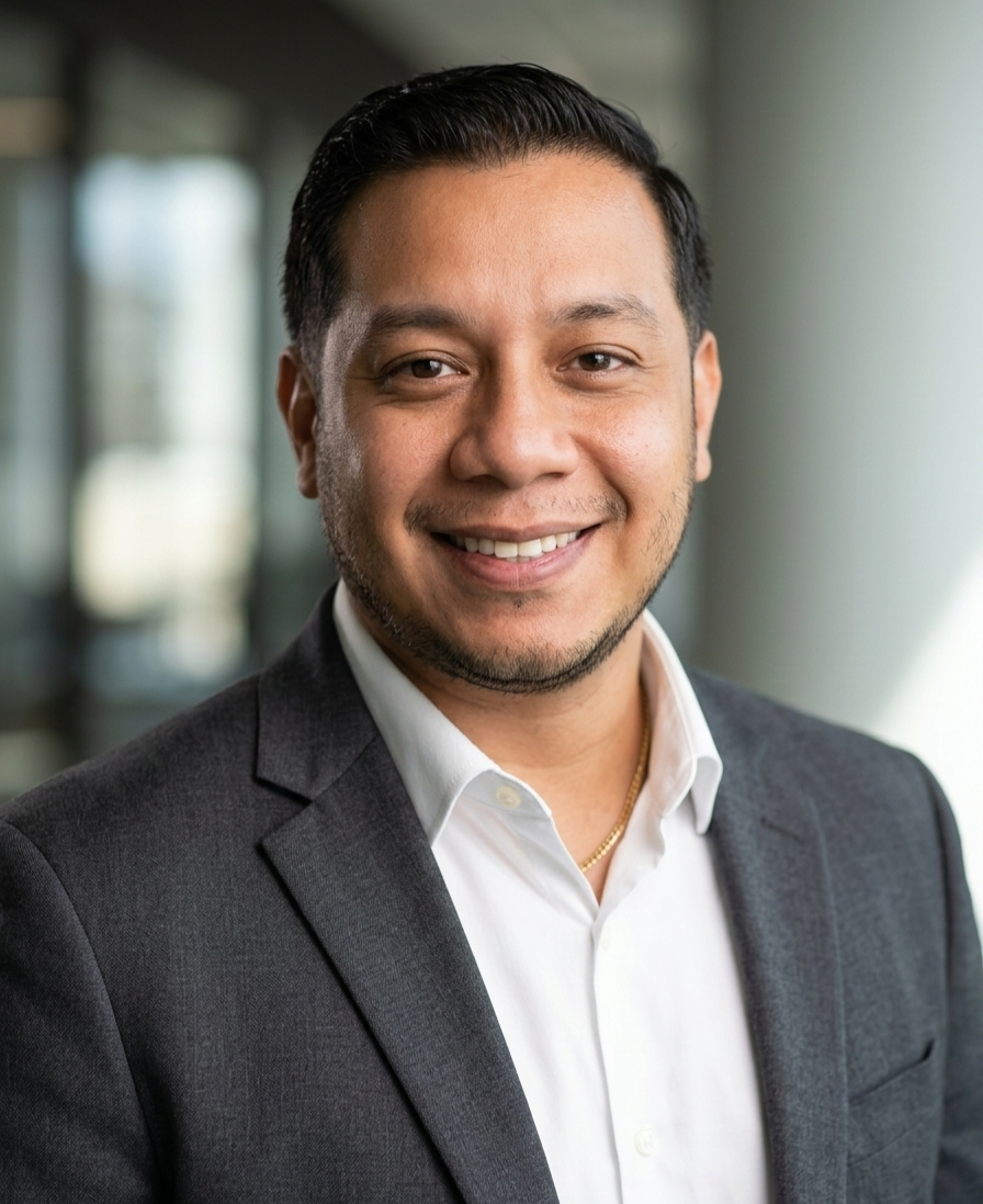 Headshot of a smiling man in a suit and white shirt.