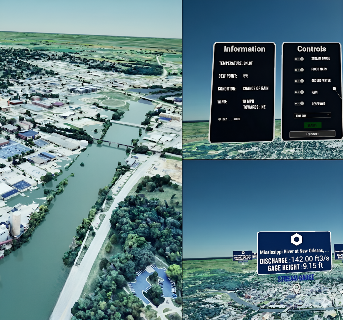 3D simulation of a flooded city with control panels and signs.