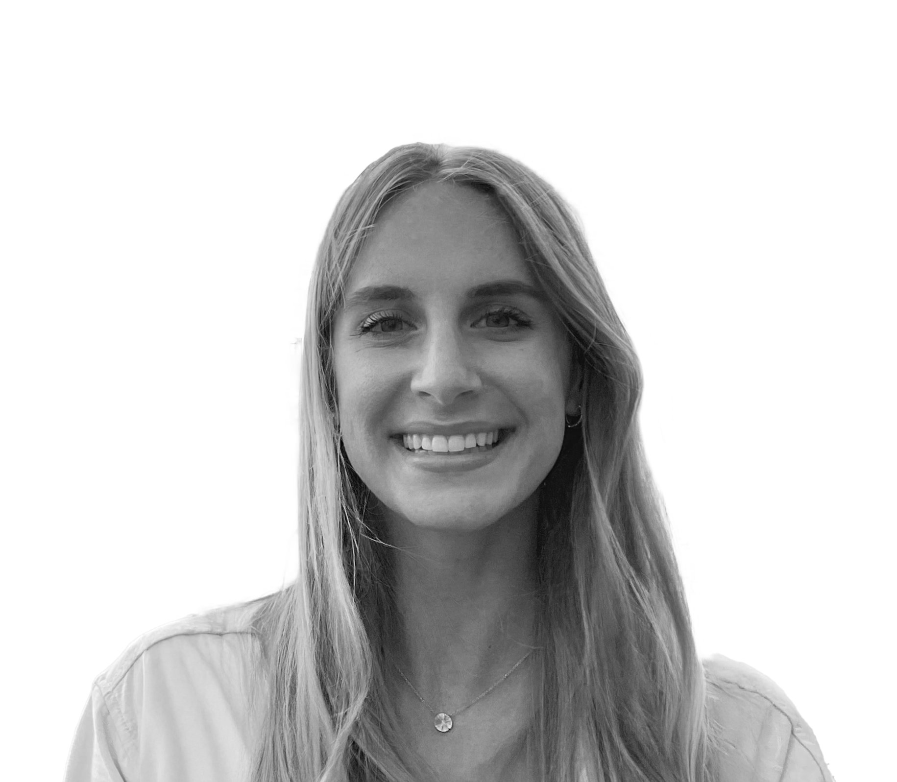 Black and white headshot of a smiling woman with long, blonde hair.
