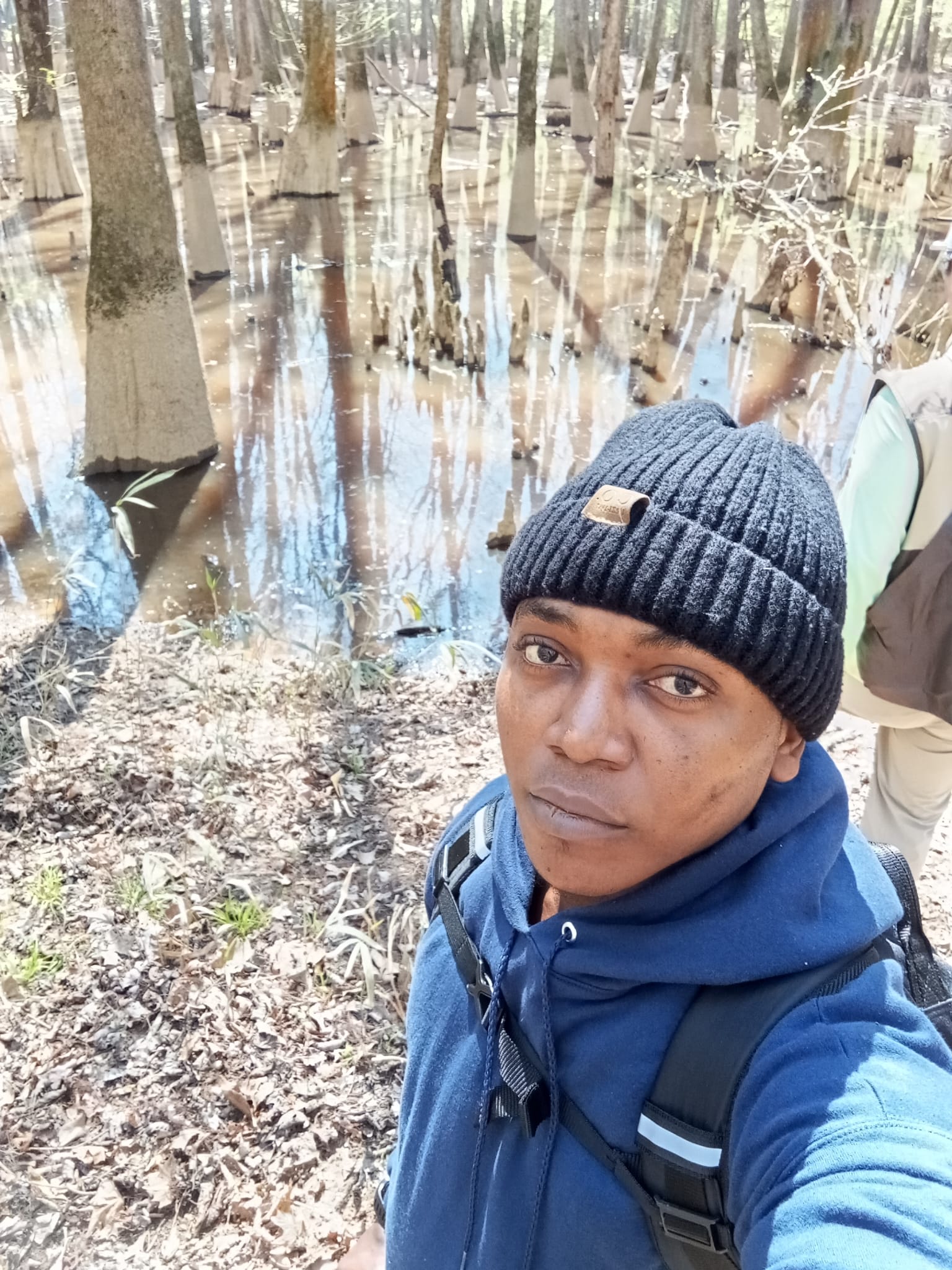 Person in a beanie and blue hoodie in a swampy forest.