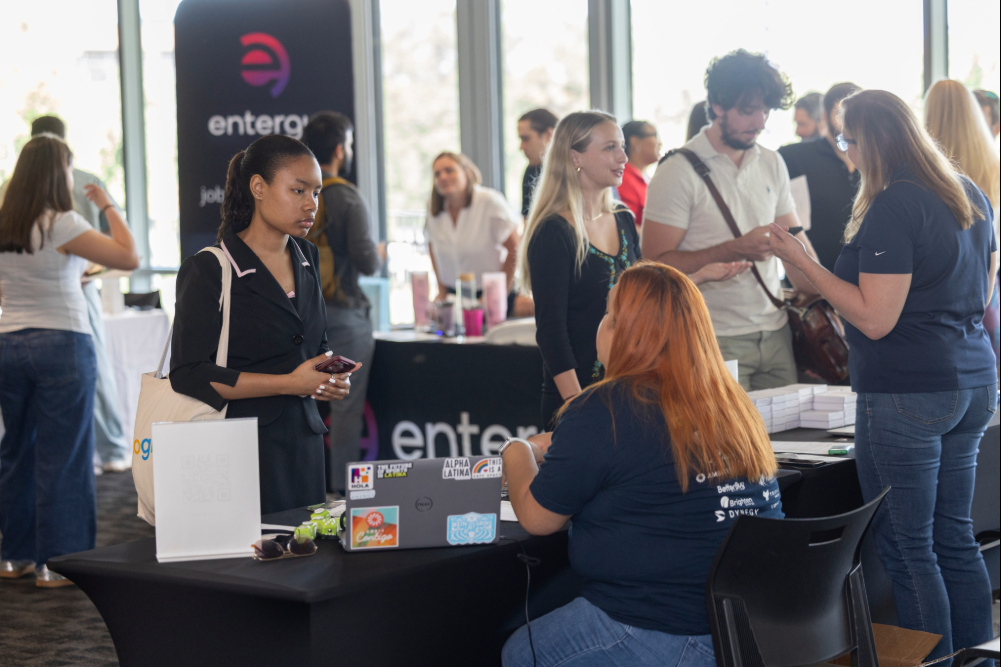 Students and recruiters at a career fair.