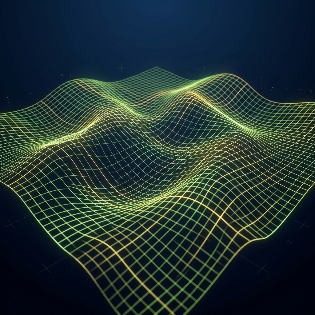 Abstract mathematical coordinate grid landscape in green and gold