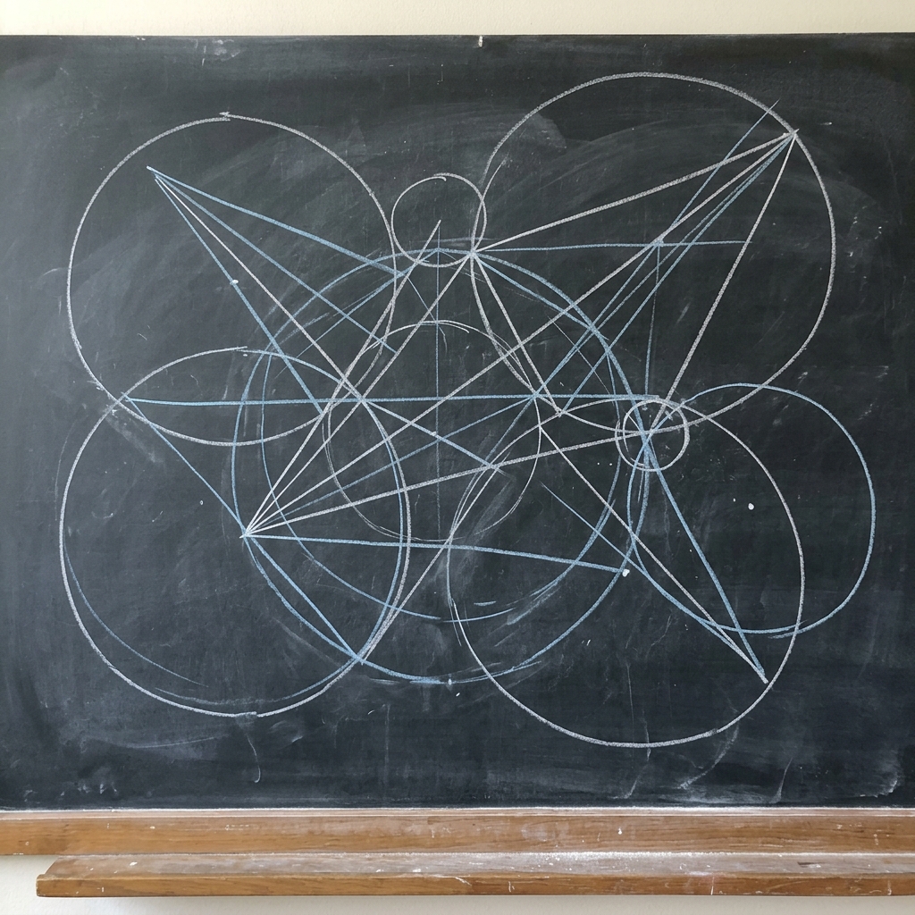 Hand-drawn geometric diagram in chalk on a dark chalkboard