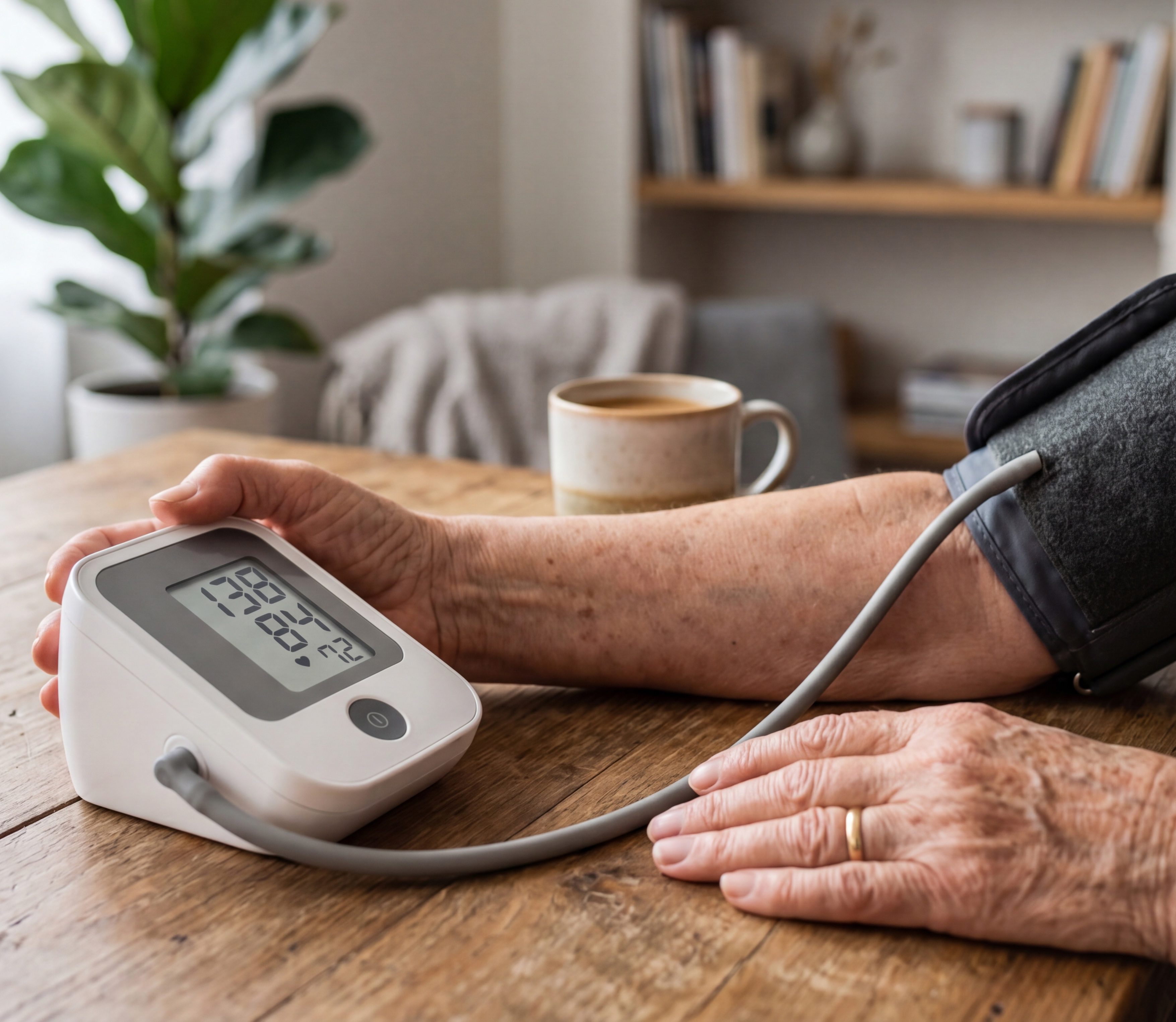 Close-up of an elderly person's arm with a blood pressure monitor.