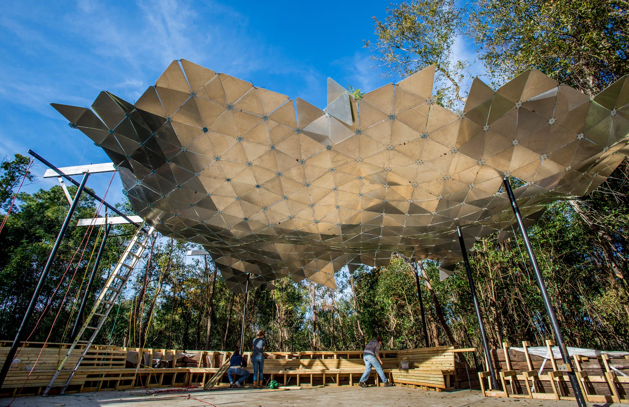 Canopy made out of many metal triangles connected together