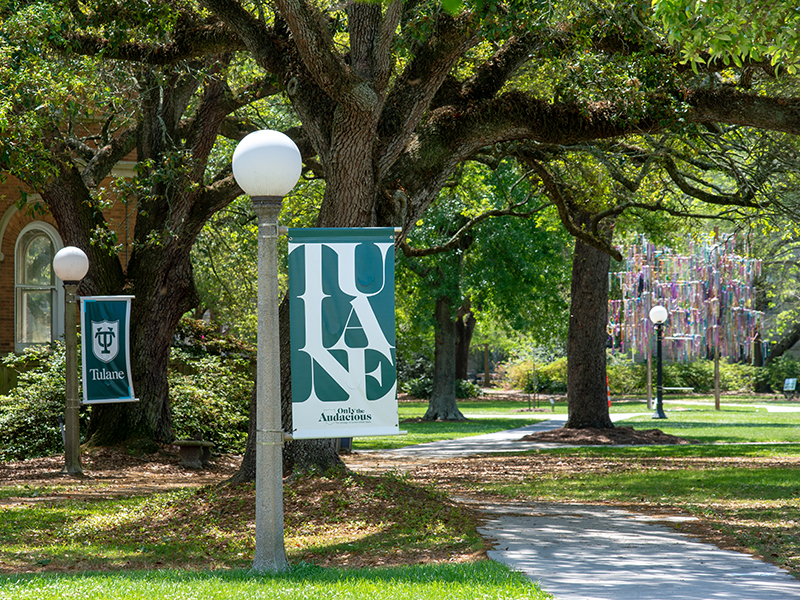 Tulane University banners hanging from lampposts on a sunny campus pathway.