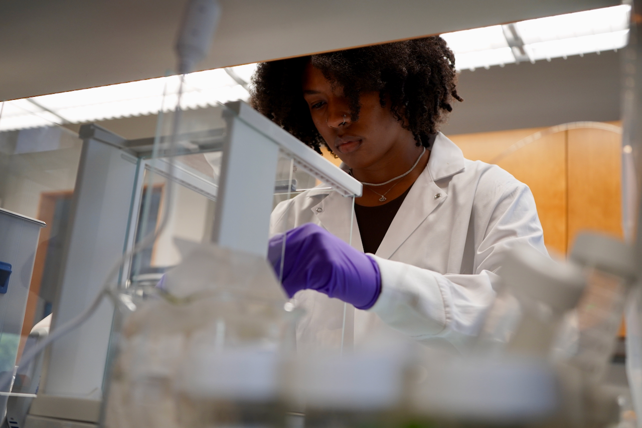 Photograph of a researcher in a lab coat and purple gloves working in a lab.