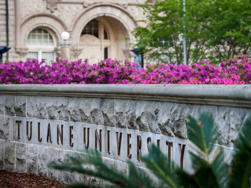 Photograph of the stone entrance sign for Tulane University.