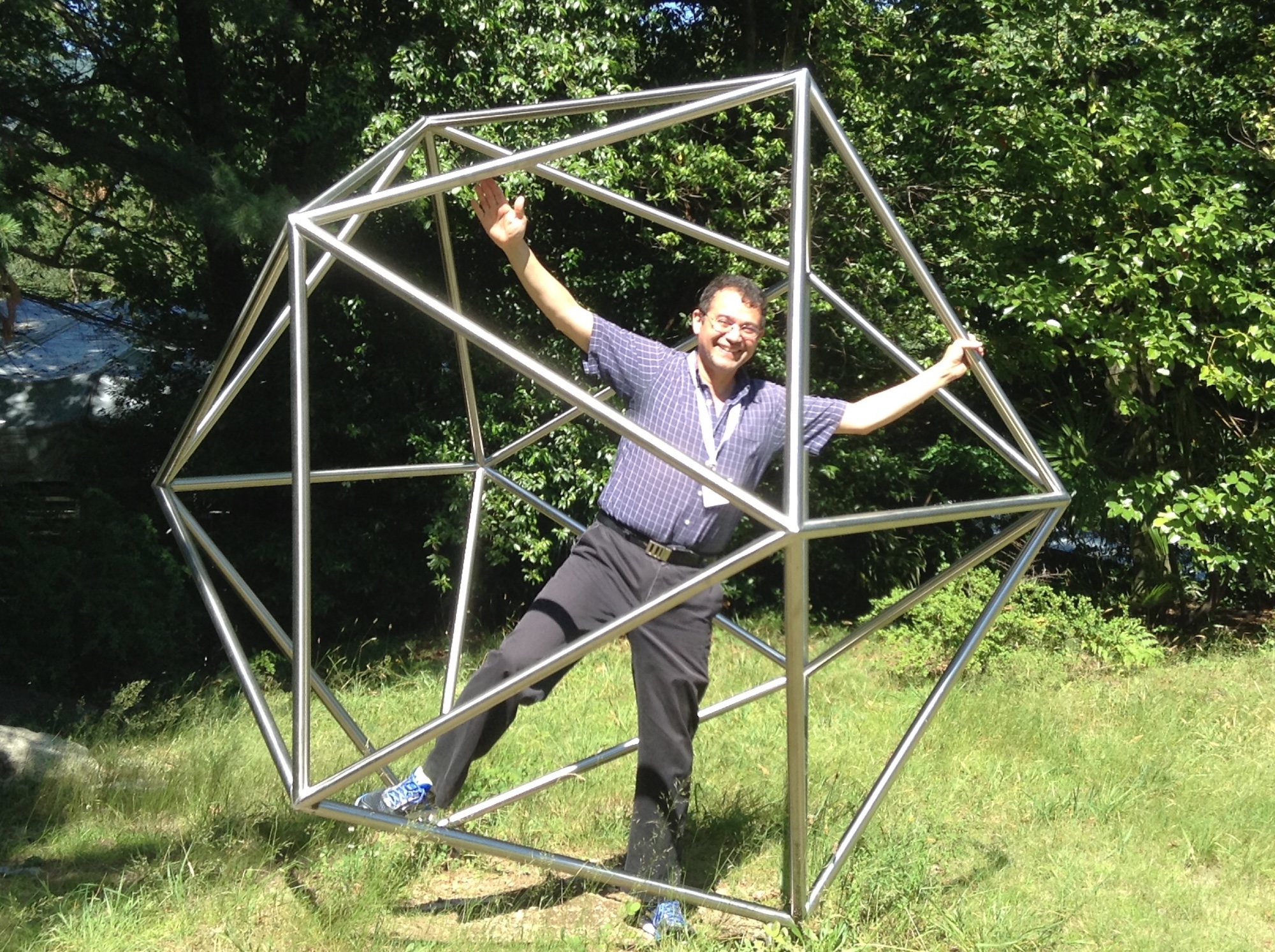 Man inside geodesic dome structure outdoors.