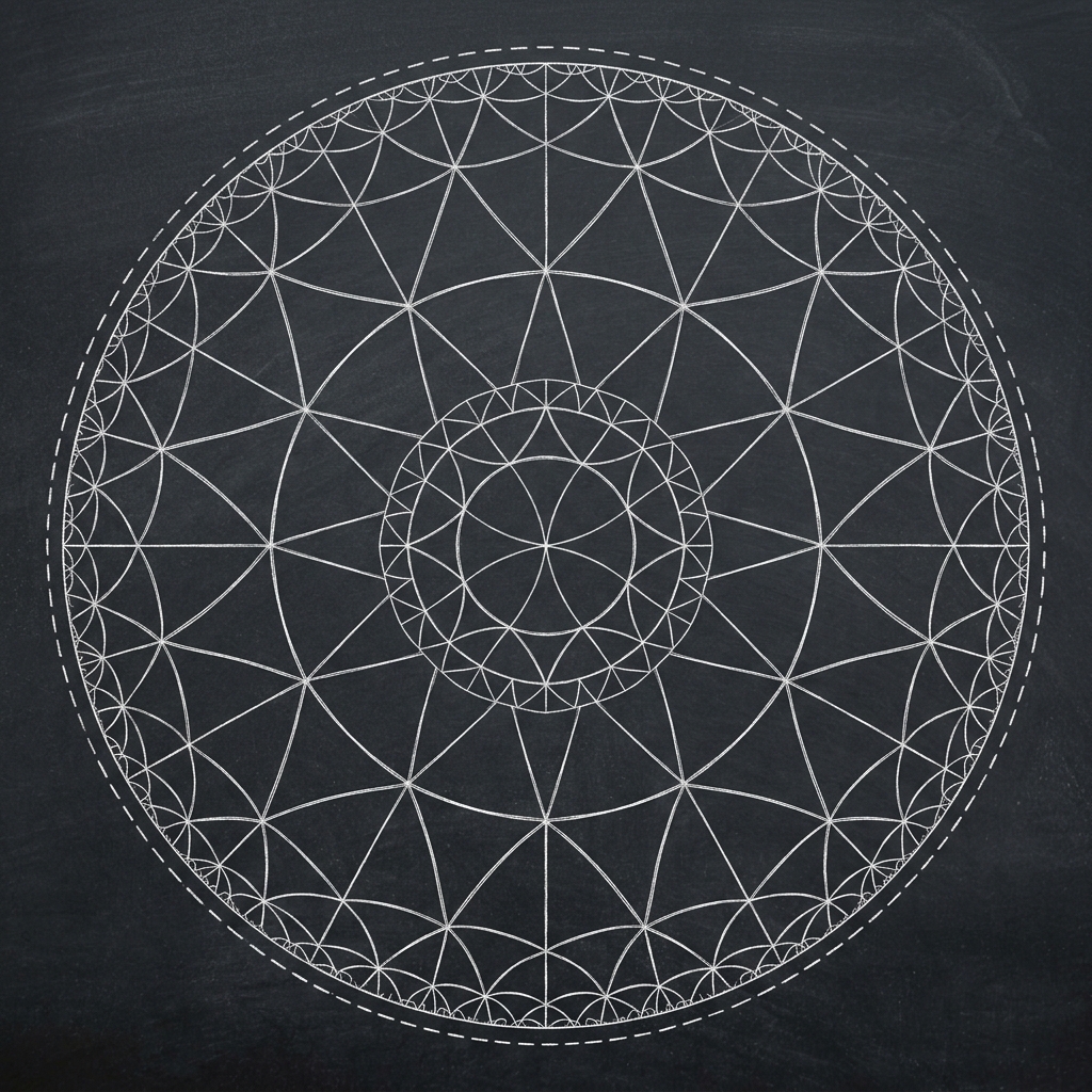 Concentric circles with a geometric grid pattern on a dark background.