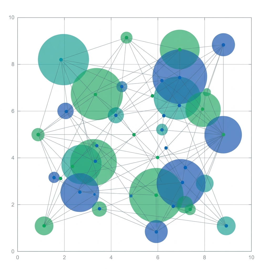 A network graph with blue and green circles of varying sizes connected by thin lines.
