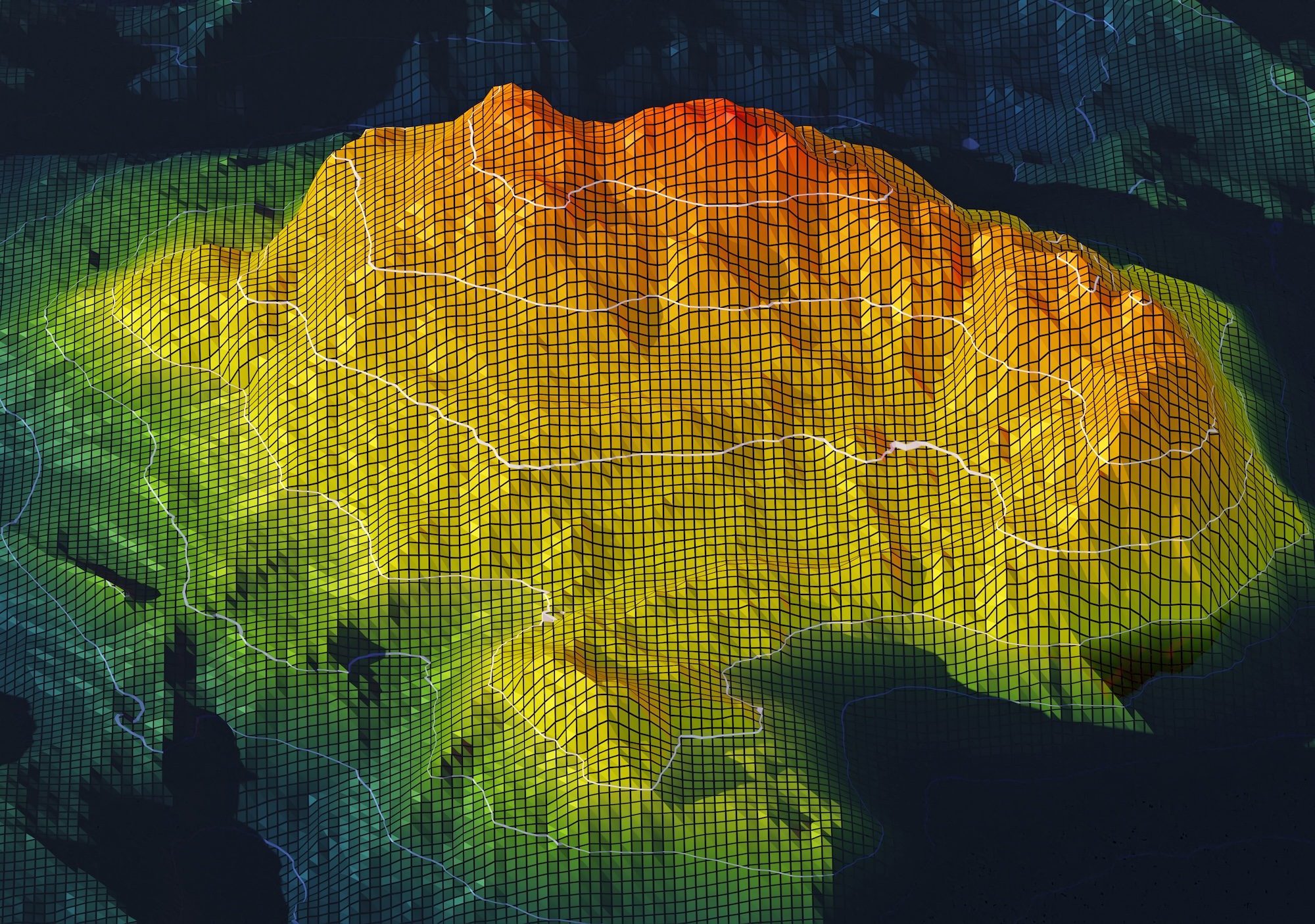 A 3D topographic map of Honduras, rendered in yellow, orange, and green wireframe.