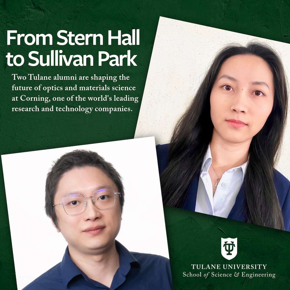 Graphic of two Tulane alumni at Corning with their portraits and university logo.