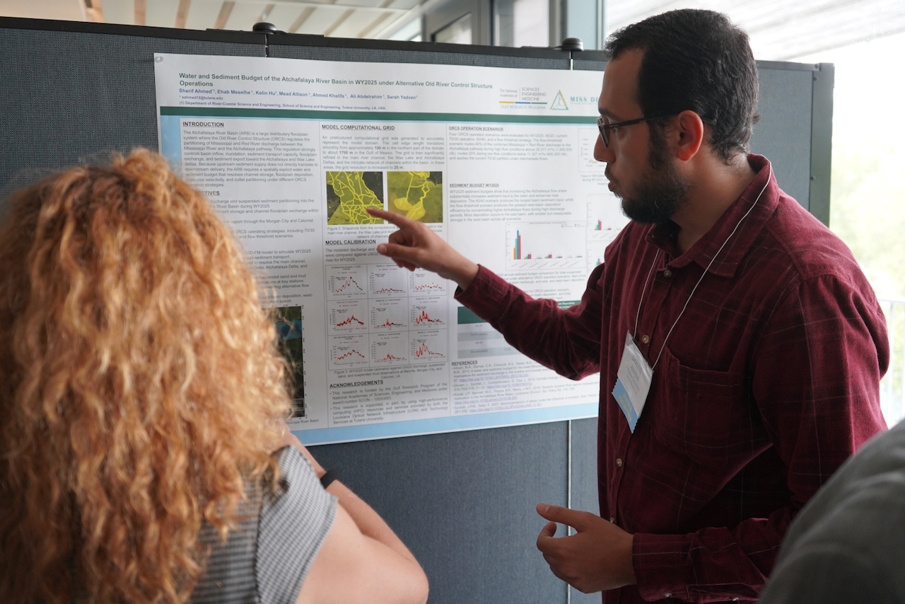 Photograph of a man pointing at a research poster while explaining it to a woman.