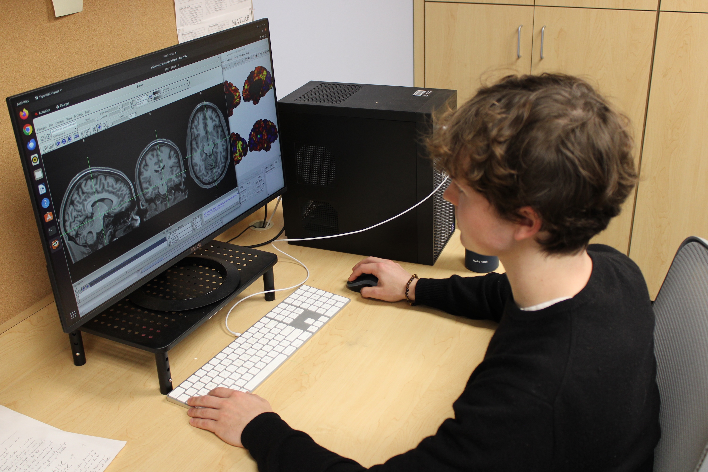 A young man sitting at a desk, viewing brain scans on his computer monitor.