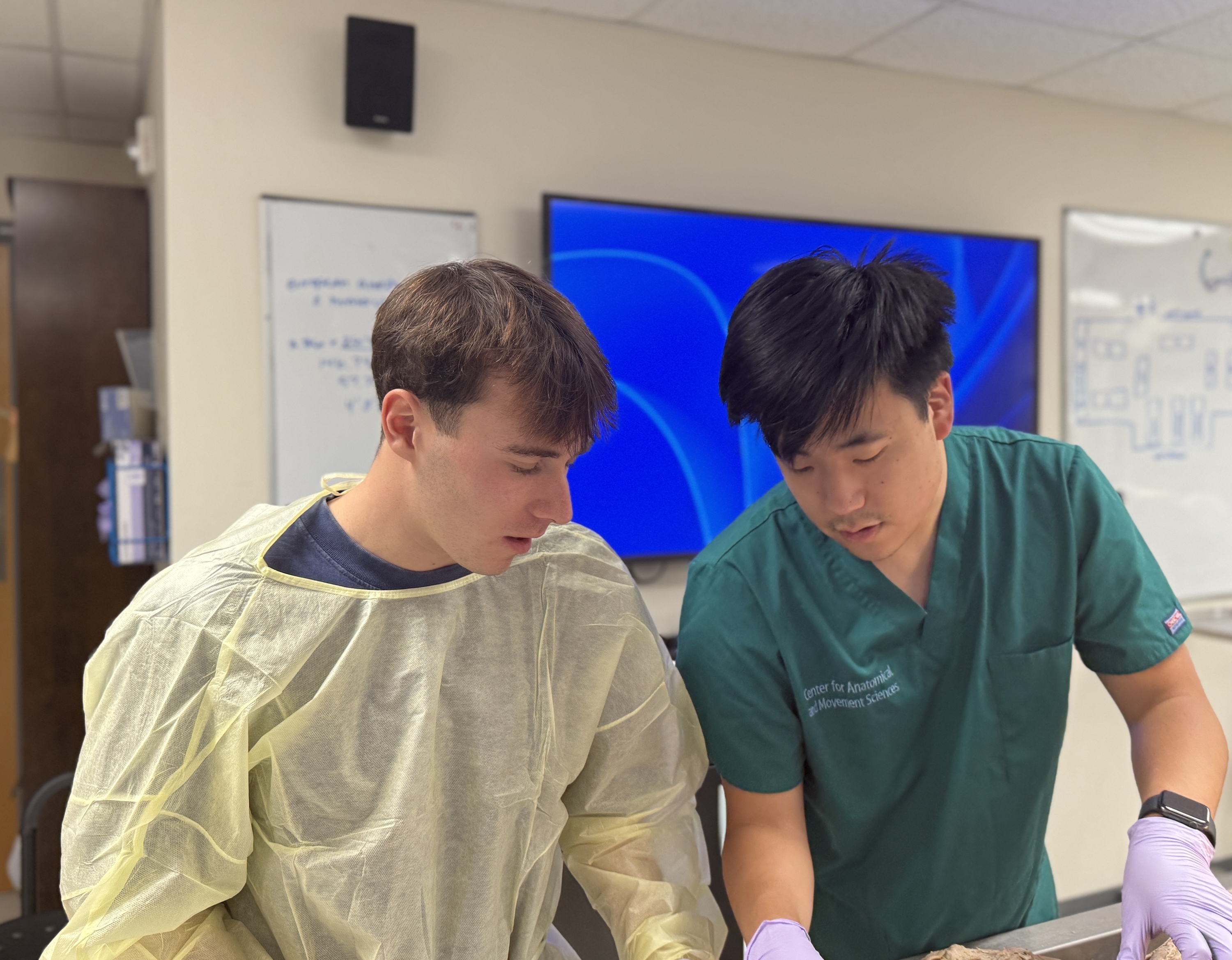 Photograph of two young men in scrubs collaborating on a medical task.