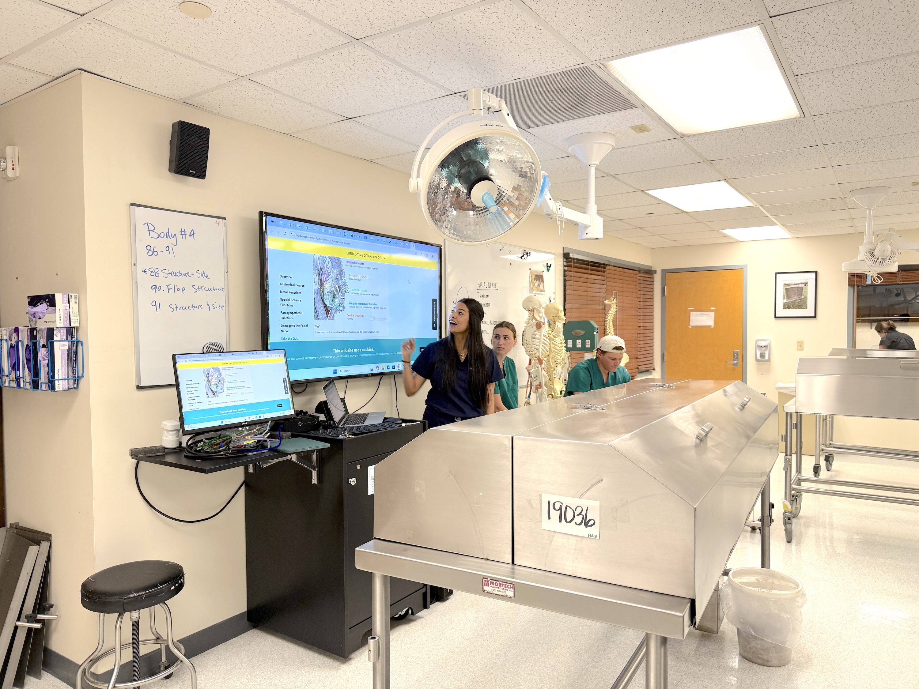 Photograph of students in an anatomy lab with screens and stainless steel tables.