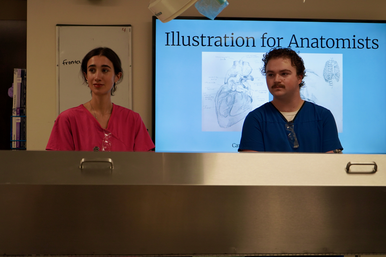Two people in medical scrubs stand behind a presentation screen.