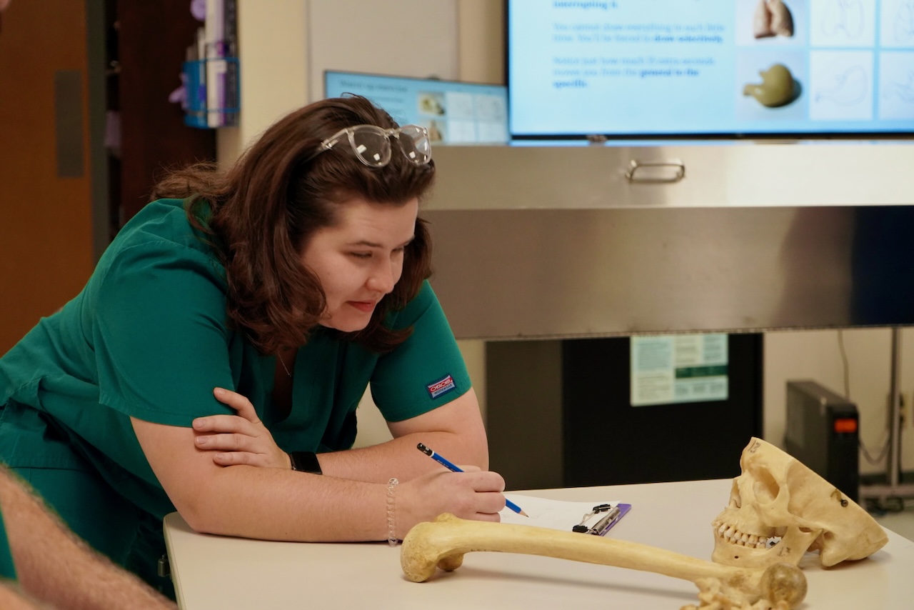 A student in green scrubs leans over a table, writing near anatomical models.