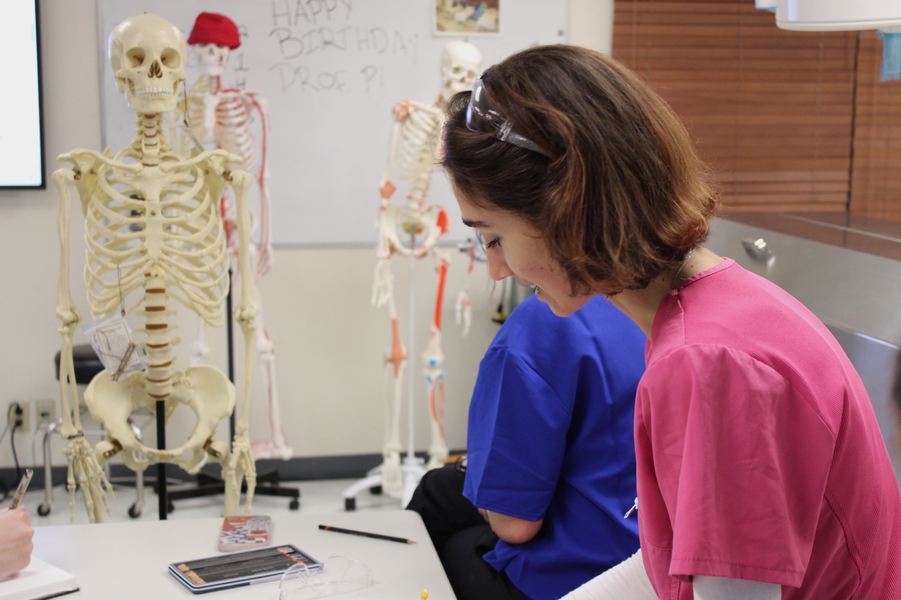 Students in medical scrubs sit in a classroom with anatomical skeletons.