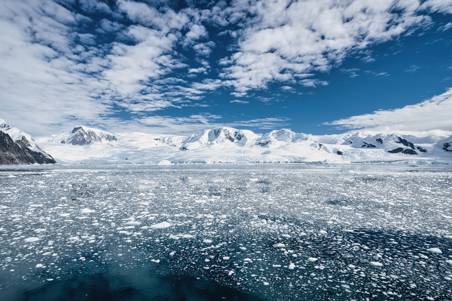 Photo of glaciers in frozen water and cloudy blue sjy