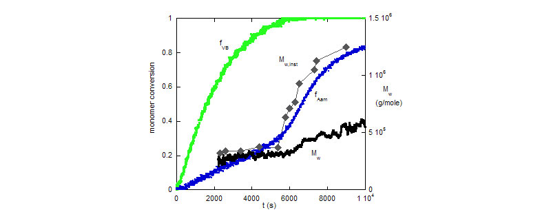 Comonomer conversions fVB, fAam, and cumulative and instantaneous weight average mass, Mw, and Mw, inst, respectively.