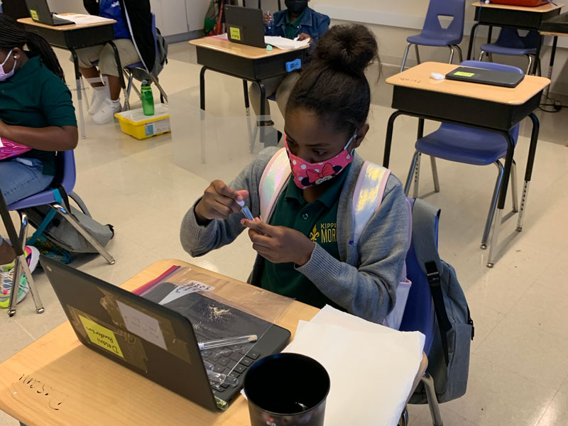 Middle school female student doing a virtual science activity, experimenting with yeast