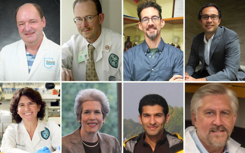 Eight portraits of people in professional attire, including lab coats and suits.