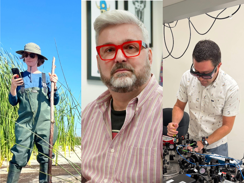 Three researchers in distinct environments: one in water, one in an office, one in a lab.