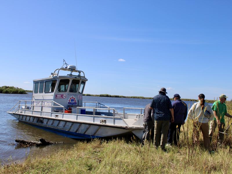 People disembark a boat on a grassy shore under a blue sky.