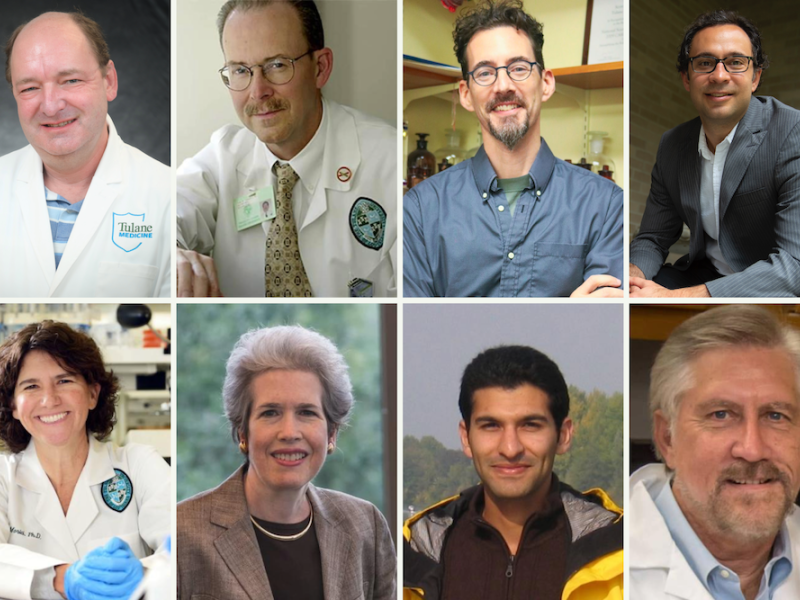 Eight portraits of people in professional attire, including lab coats and suits.