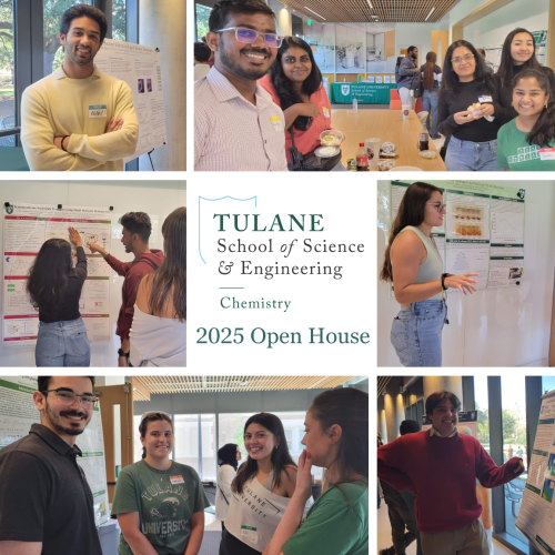 Images from the 2025 Tulane Chemistry Open House Event.  Pictures of students gathered and presenting research posters.