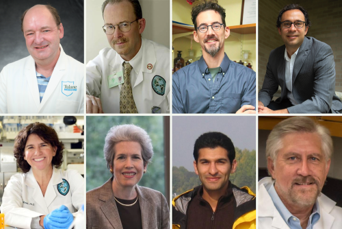 Eight portraits of people in professional attire, including lab coats and suits.
