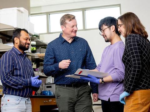 Chandrashekhar Borkar, Jonathan Fadok, Eric Le and Claire Stelly look at a document together.