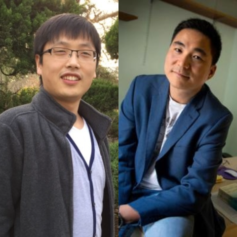 Two Asian men, one in a grey jacket, one in a blue blazer.