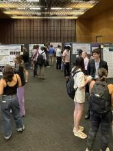 Students gather to review each other's poster presentations 